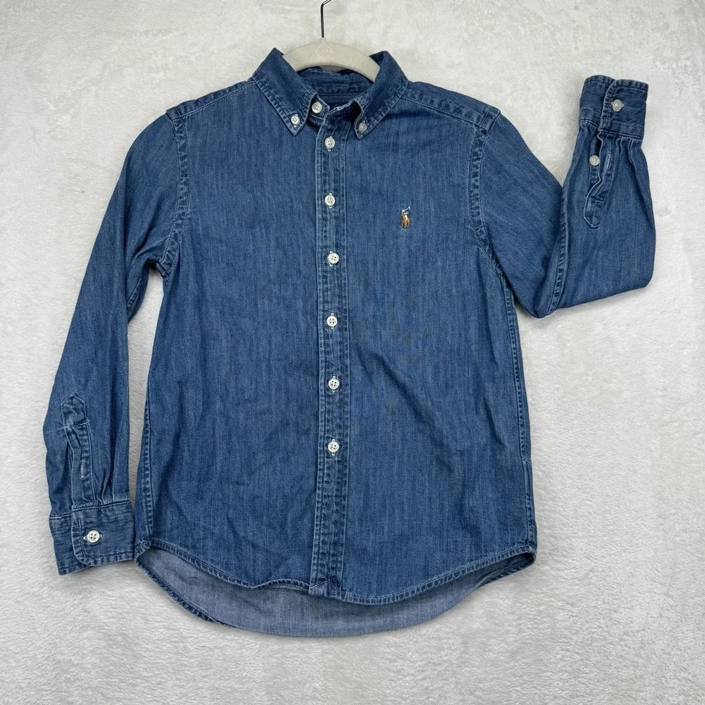 Ralph Lauren Shirt Boys 8 Blue Denim Chambray Flesh Pony Button Down